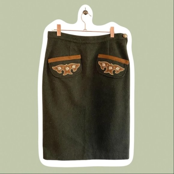 Modern Vintage Embroidered Leather & Wool Skirt - Picture 1 of 6